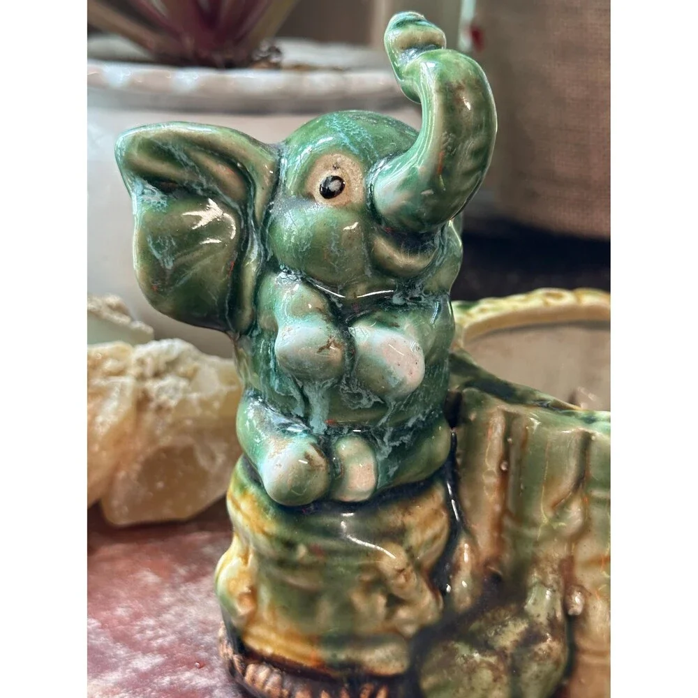 Vintage Ceramic Elephant Planter | Green Glazed Elephant & Bamboo Pot | Boho Jun